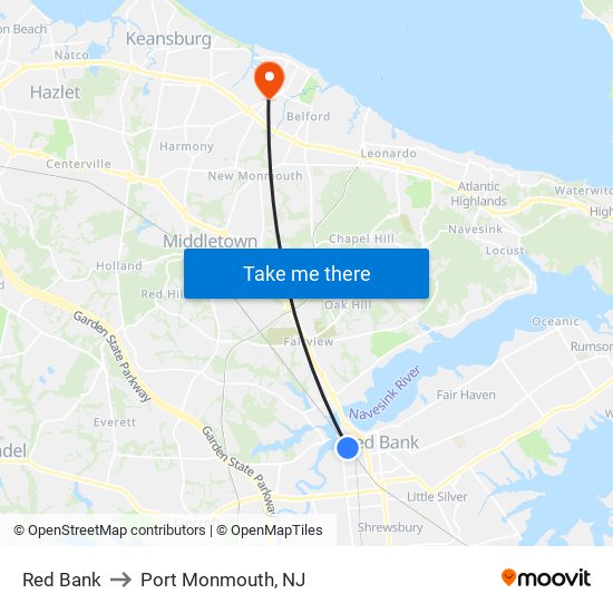 Red Bank to Port Monmouth, NJ map