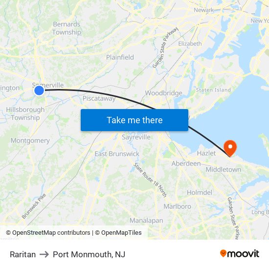 Raritan to Port Monmouth, NJ map
