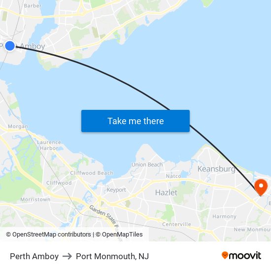 Perth Amboy to Port Monmouth, NJ map