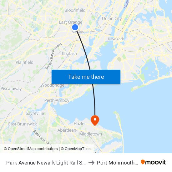 Park Avenue Newark Light Rail Station to Port Monmouth, NJ map