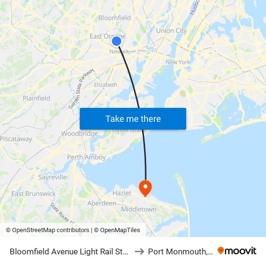 Bloomfield Avenue Light Rail Station to Port Monmouth, NJ map