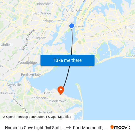 Harsimus Cove Light Rail Station to Port Monmouth, NJ map