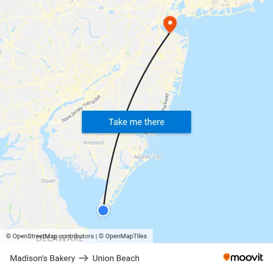 Madison's Bakery to Union Beach map