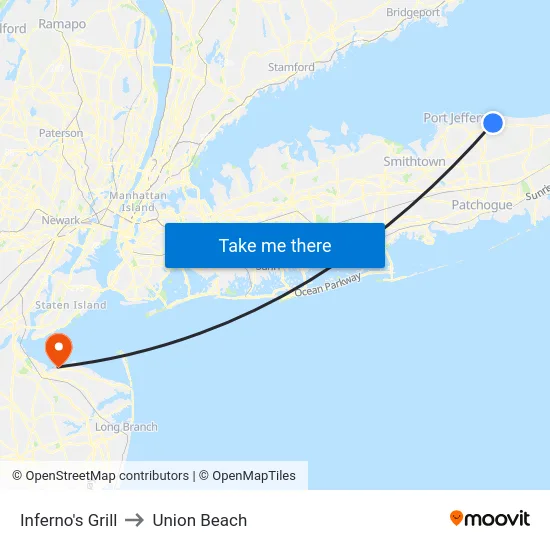 Inferno's Grill to Union Beach map