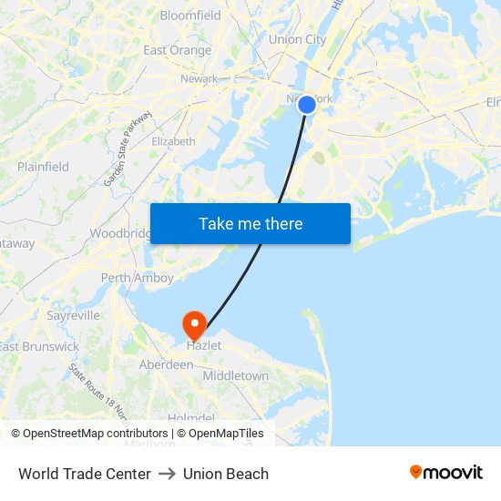 World Trade Center to Union Beach map