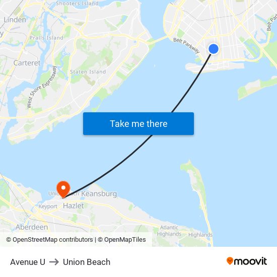 Avenue U to Union Beach map