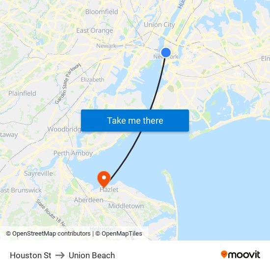 Houston St to Union Beach map