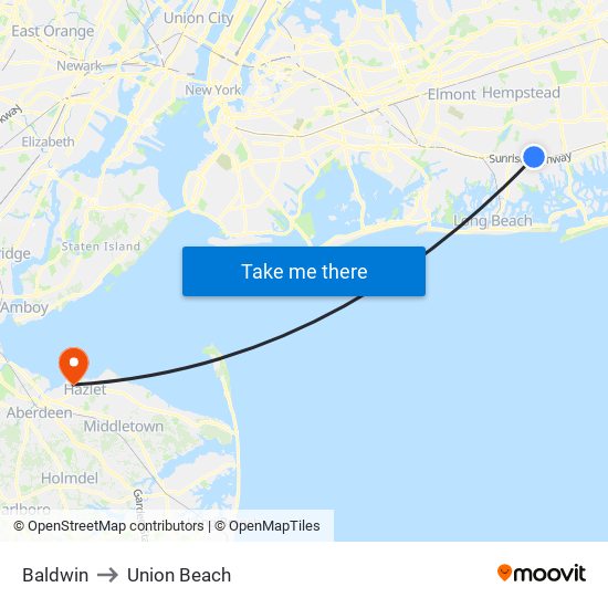 Baldwin to Union Beach map