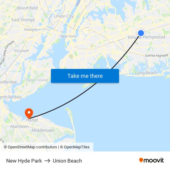 New Hyde Park to Union Beach map