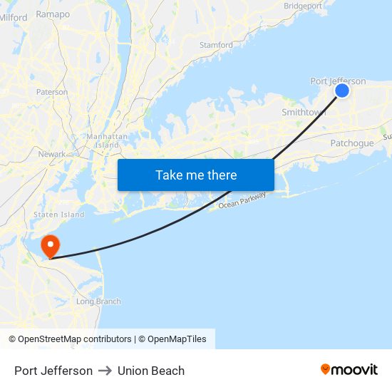 Port Jefferson to Union Beach map