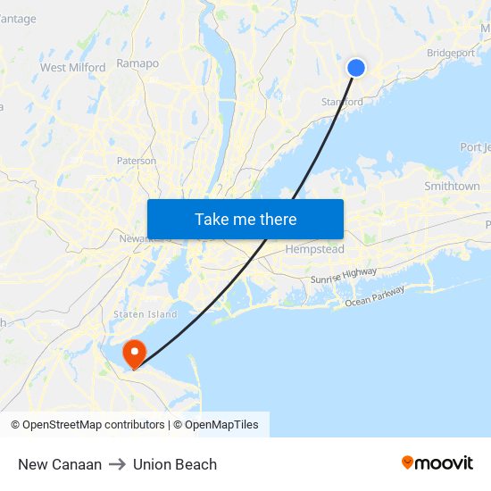 New Canaan to Union Beach map