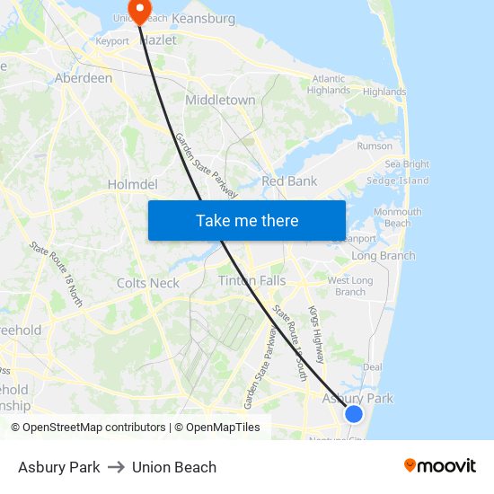 Asbury Park to Union Beach map