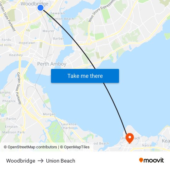 Woodbridge to Union Beach map