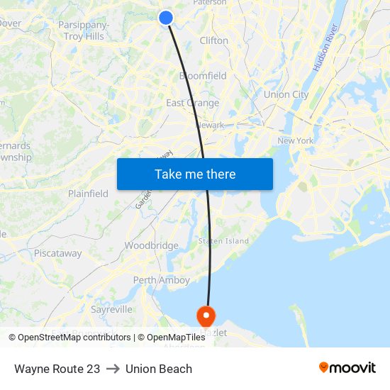 Wayne Route 23 to Union Beach map