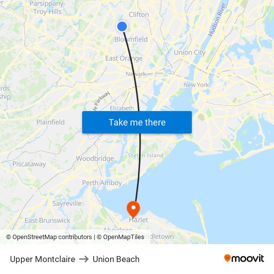 Upper Montclaire to Union Beach map