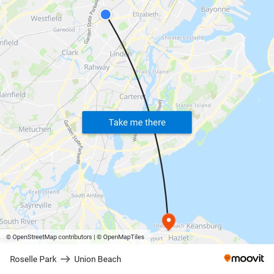 Roselle Park to Union Beach map