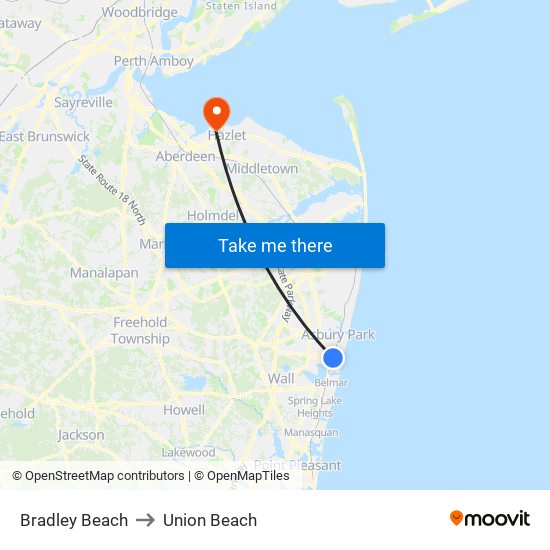 Bradley Beach to Union Beach map