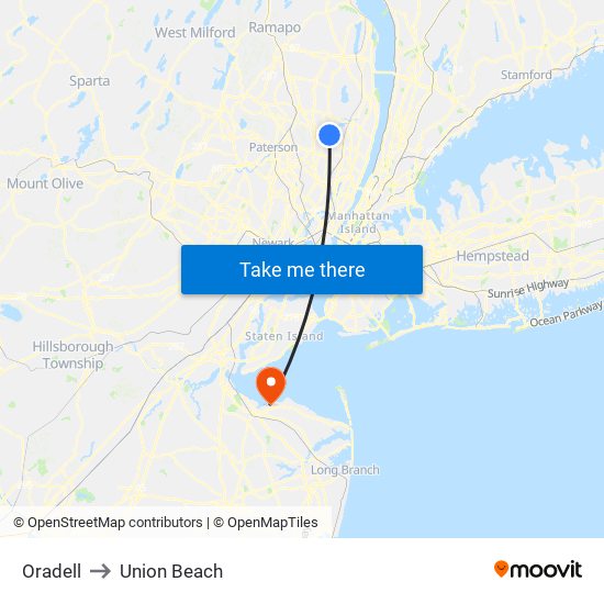 Oradell to Union Beach map