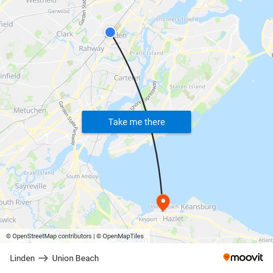 Linden to Union Beach map