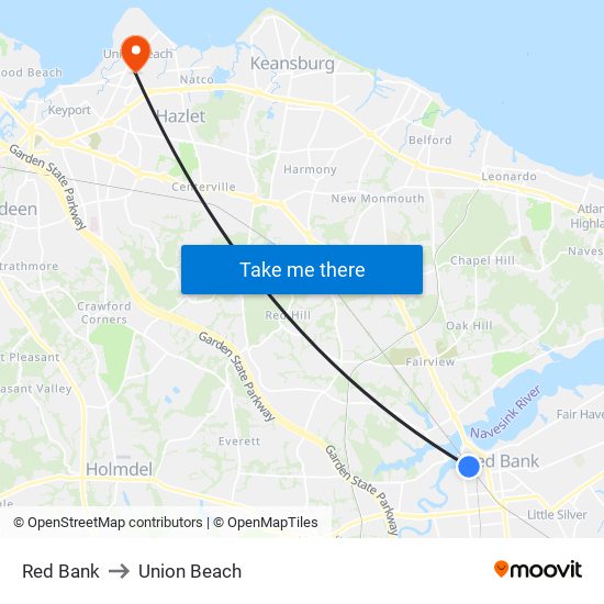 Red Bank to Union Beach map