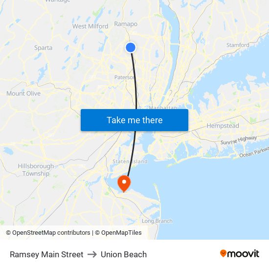 Ramsey Main Street to Union Beach map