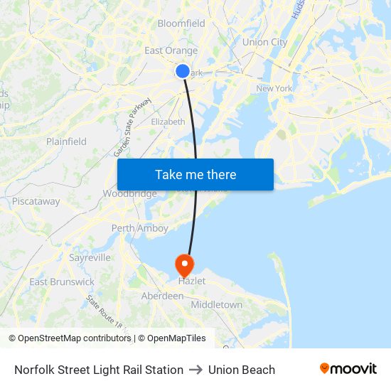 Norfolk Street Light Rail Station to Union Beach map