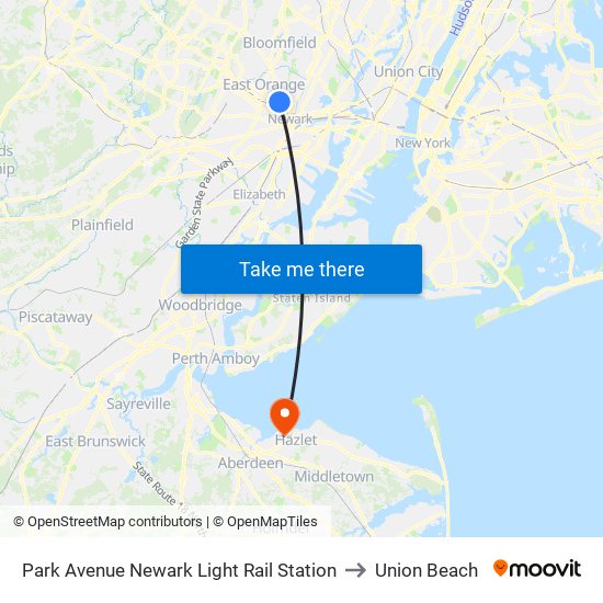Park Avenue Newark Light Rail Station to Union Beach map