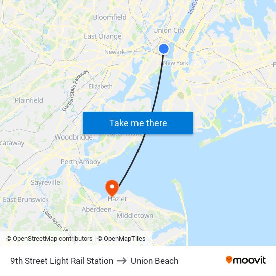 9th Street Light Rail Station to Union Beach map
