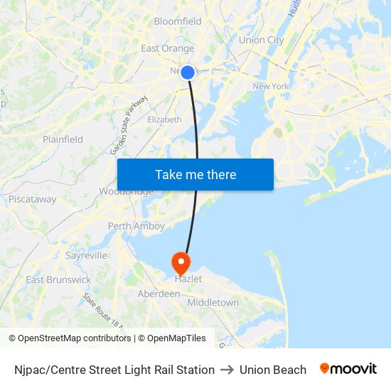 Njpac/Centre Street Light Rail Station to Union Beach map