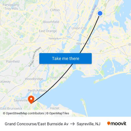 Grand Concourse/East Burnside Av to Sayreville, NJ map