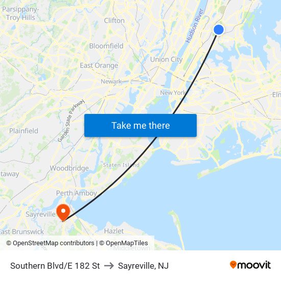 Southern Blvd/E 182 St to Sayreville, NJ map