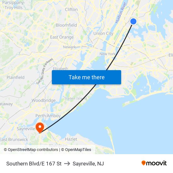 Southern Blvd/E 167 St to Sayreville, NJ map