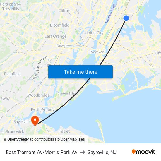 East Tremont Av/Morris Park Av to Sayreville, NJ map