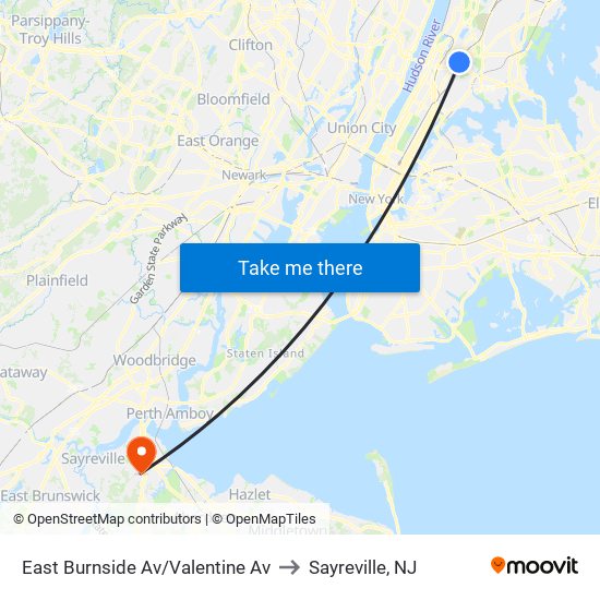 East Burnside Av/Valentine Av to Sayreville, NJ map