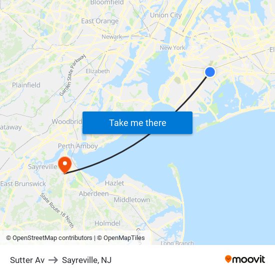 Sutter Av to Sayreville, NJ map