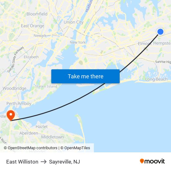 East Williston to Sayreville, NJ map