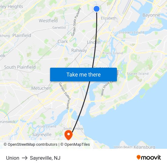 Union to Sayreville, NJ map