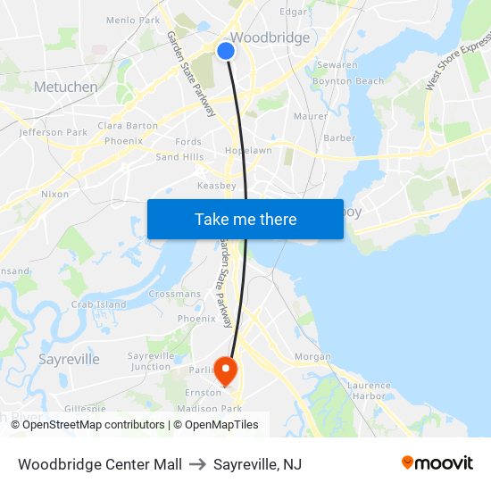 Woodbridge Center Mall to Sayreville, NJ map