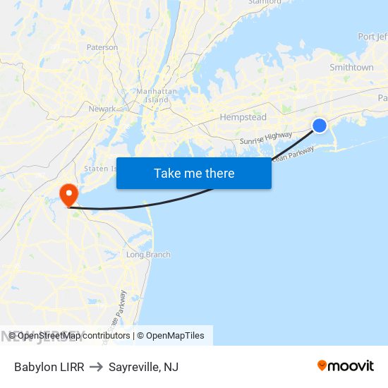 Babylon LIRR to Sayreville, NJ map