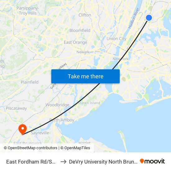 East Fordham Rd/Southern Blvd to DeVry University North Brunswick Campus map