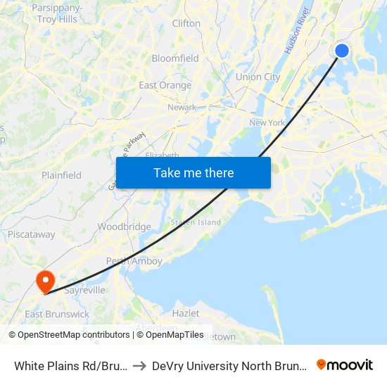 White Plains Rd/Bruckner Blvd to DeVry University North Brunswick Campus map