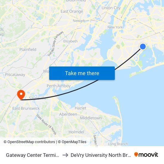 Gateway Center Terminal/Gateway Dr to DeVry University North Brunswick Campus map