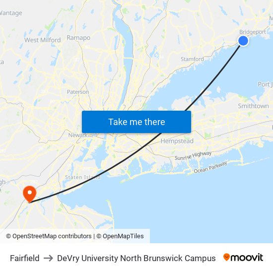 Fairfield to DeVry University North Brunswick Campus map