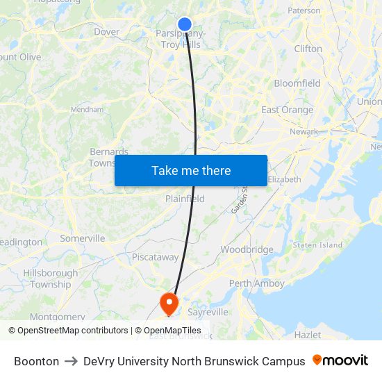 Boonton to DeVry University North Brunswick Campus map