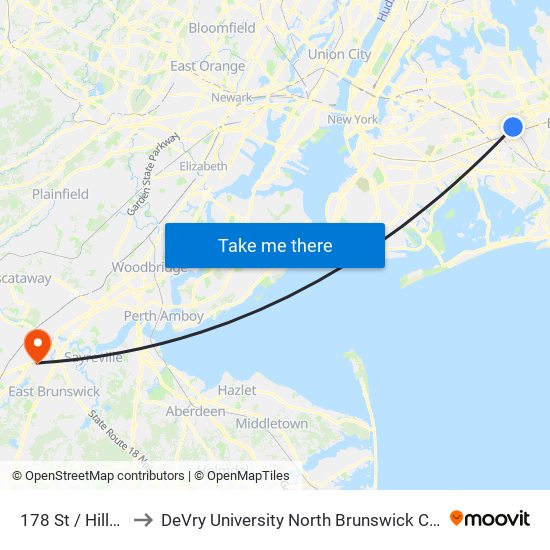 178 St / Hillside to DeVry University North Brunswick Campus map