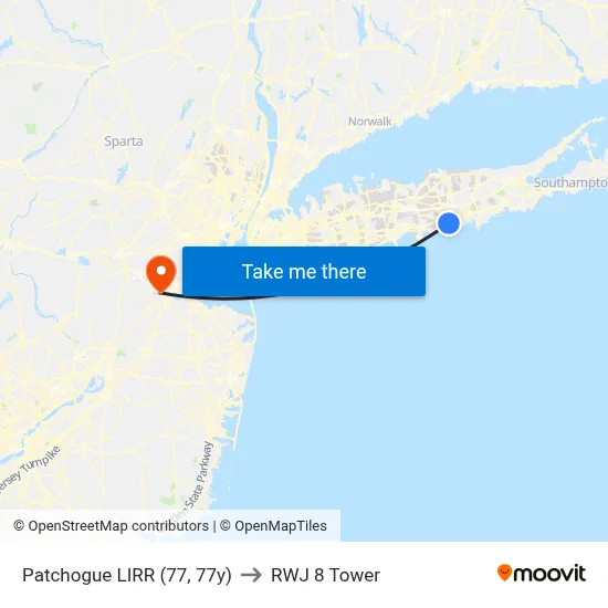 Patchogue LIRR (77, 77y) to RWJ 8 Tower map