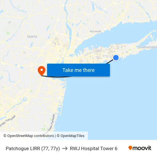 Patchogue LIRR (77, 77y) to RWJ Hospital Tower 6 map