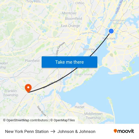 New York Penn Station to Johnson & Johnson map