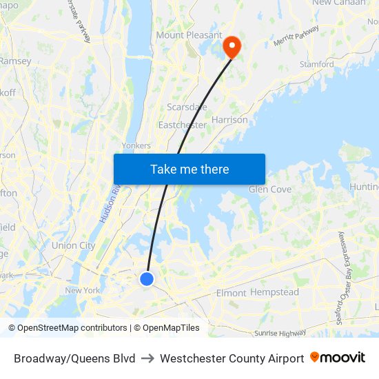 Broadway/Queens Blvd to Westchester County Airport map