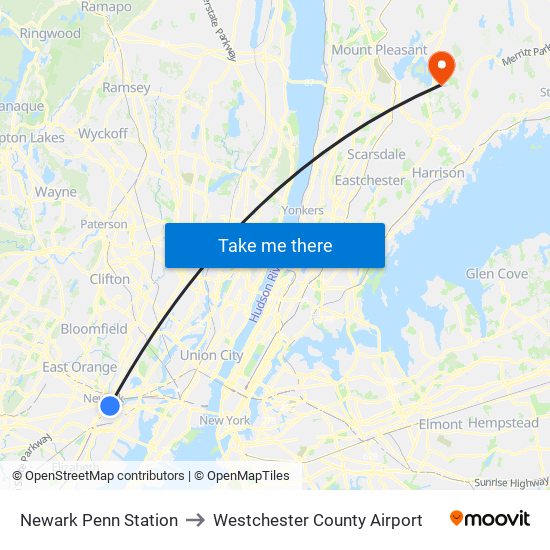 Newark Penn Station to Westchester County Airport map